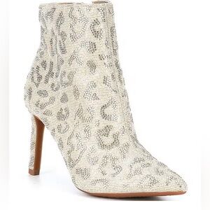 Gianni Bini Leopard Print Rhinestone Stiletto Dress Booties beige silver